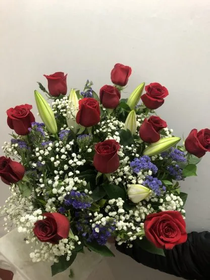 Dozen Roses Bouquet with Lilies